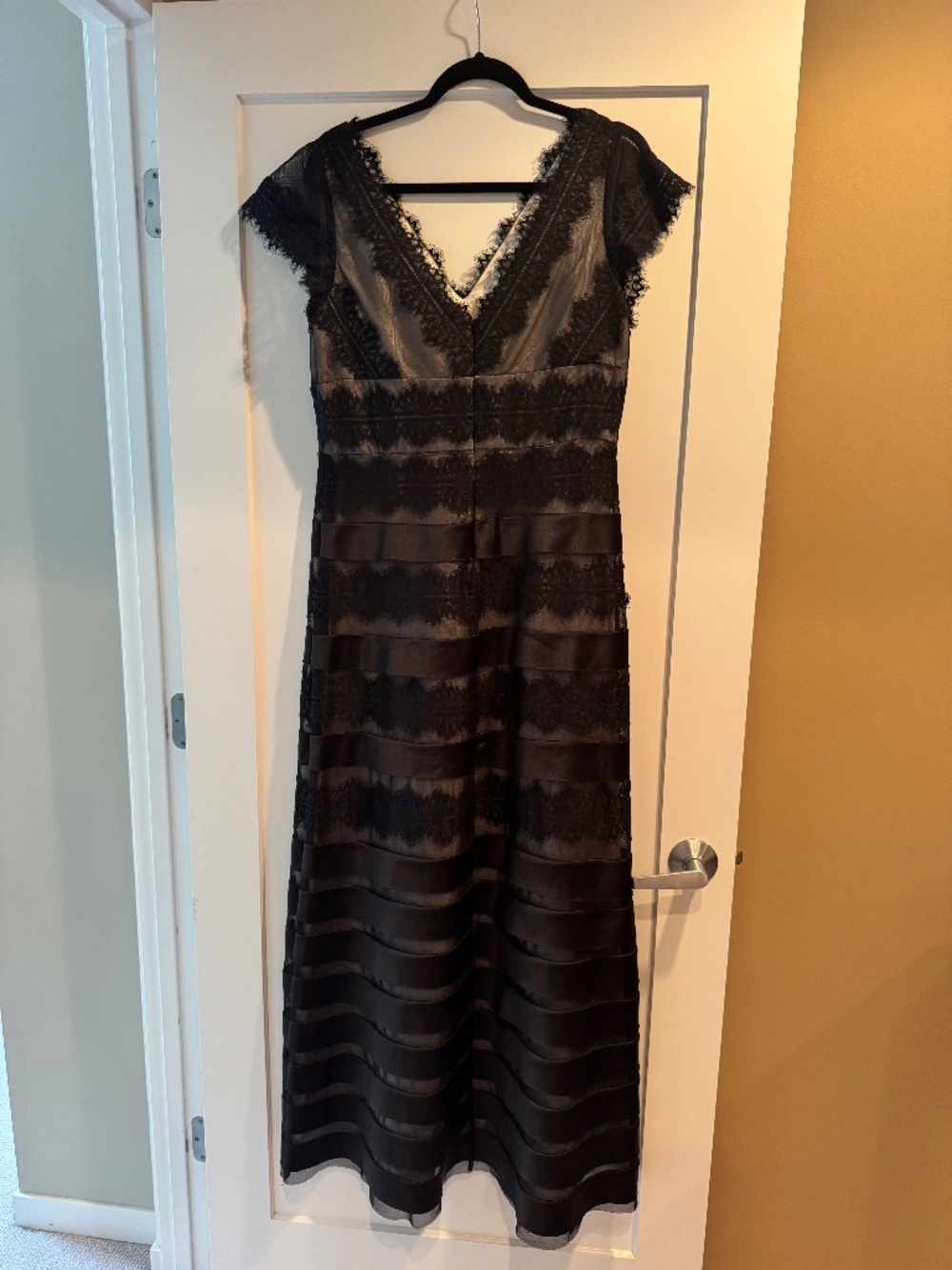 JS Collection, Black Lace Satin V_Neck Gown, Size 12